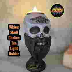 Viking Skull Chalice LED Teal Light Holder