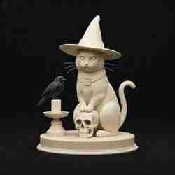 2203 Witch Cat Composition - Skull, Raven & Candleholder on Shared Ivory Base, magic, dragon, serpent, mask, gnome, gorgon, venetian carnival, wild, fox, monster, cat, fair, witch, werewolf, horror, beast, snake, troll, skeleton dance