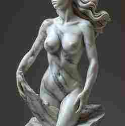 A serene sculpture depicts a female figure, elegantly poised as though caught in a moment of graceful movement.