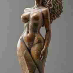 A stylized sculpture of a nude woman with long, flowing hair and an exaggerated hourglass figure. She stands upright on a square base, gazing upward with a confident expression.