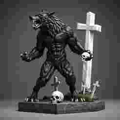 2287 Werewolf Howling with Skull - 3D Model, magic, dragon, serpent, wood, gnome, gorgon, warrior, wild, fox, monster, cat, fair, witch, werewolf, horror, beast, snake, troll, skeleton dance