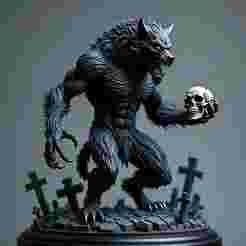2314 Werewolf Howling with Skull - 3D Model, magic, dragon, serpent, wood, gnome, gorgon, warrior, wild, fox, monster, cat, fair, witch, werewolf, horror, beast, snake, troll, skeleton dance