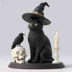 2339 Witch Cat with Skull, Raven, and Candlestick - Ivory-Style Figurine, magic, dragon, serpent, wood, gnome, gorgon, warrior, wild, fox, monster, cat, fair, witch, werewolf, horror, beast, snake, troll, skeleton dance