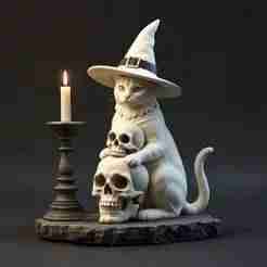 2341 Witch Cat with Skull, Raven, and Candlestick - Ivory-Style Figurine, magic, dragon, serpent, wood, gnome, gorgon, warrior, wild, fox, monster, cat, fair, witch, werewolf, horror, beast, snake, troll, skeleton dance