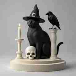 2342 Witch Cat with Skull, Raven, and Candlestick - Ivory-Style Figurine, magic, dragon, serpent, wood, gnome, gorgon, warrior, wild, fox, monster, cat, fair, witch, werewolf, horror, beast, snake, troll, skeleton dance