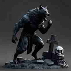 2358 Werewolf Howling with Skull - 3D Model, halloween, magic, dragon, serpent, wood, gnome, gorgon, warrior, wild, fox, monster, cat, fair, witch, werewolf, horror, beast, snake, troll, skeleton dance