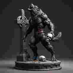 2360 Werewolf Howling with Skull - 3D Model, magic, dragon, serpent, wood, gnome, gorgon, warrior, wild, fox, monster, cat, fair, witch, werewolf, horror, beast, snake, troll, skeleton dance, halloween