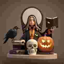 2366 Halloween Witch with Spell book, Skull, Raven and Pumpkin - Color 3D Model on Pedestal, halloween, magic, dragon, serpent, mask, gnome, gorgon, wild, fox, monster, cat, fair, witch, werewolf, horror, beast, snake