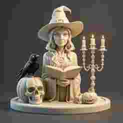 2370 Halloween Witch with Spell book, Skull, Raven and Pumpkin - Color 3D Model on Pedestal, halloween, magic, dragon, serpent, mask, gnome, gorgon, wild, fox, monster, cat, fair, witch, werewolf, horror, beast, snake