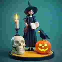 2379 Halloween Witch with Spell book, Skull, Raven and Pumpkin - Color 3D Model on Pedestal, Halloween, magic, spider, mask, gnome, gorgon, wild, bat, monster, mutant, fair, witch, werewolf, horror, beast, mutant spider, skeleton, skull