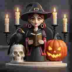 2396 Halloween Witch with Spell book, Skull, Raven and Pumpkin - Color 3D Model on Pedestal, halloween, magic, spider, mask, gnome, gorgon, wild, bat, monster, mutant, fair, witch, werewolf, horror, beast, mutant spider, skeleton, skull