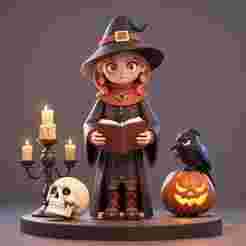 2414 Halloween Witch with Spell book, Skull, Raven and Pumpkin - Color 3D Model on Pedestal, Halloween, magic, spider, mask, gnome, gorgon, wild, bat, monster, mutant, fair, witch, werewolf, horror, beast, mutant spider, skeleton, skull