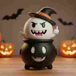 3D Printable Boo Ghost Halloween Cauldron Figure