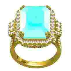Aqua Blue Emerald Stone Diamond Halo Cathedral Ring