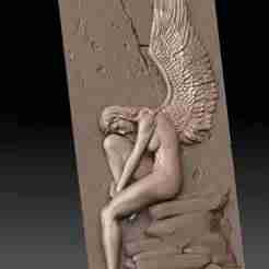 Beautiful Angel Sitting on Rocks  Bas-Relief