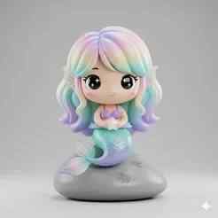 chibi mermaid sitting on a stone, candle decoration, party, candy, cute. kawaii