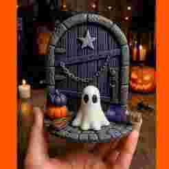 Cute Halloween Miniature Door Scene with Ghost, Pumpkin & Potion Bottle – 3D Printed Decor for Halloween Display or Diorama #HALLOWEENSTL