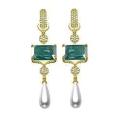 Emerald Stone and Long Pearl Drop Earring