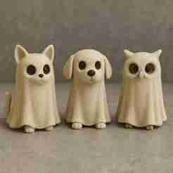 Ghost Animals STL Pack – Cat, Dog & Owl Halloween Figurines for 3D Printing