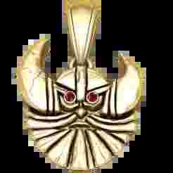 Golden Samurai Warrior Face Pendant with Ruby Eyes