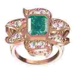 Green Emerald Diamond Floral Filigree Engagement Ring
