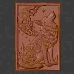 Howling Wolf with Moon – Decorative 3D Relief for CNC and 3D Printing