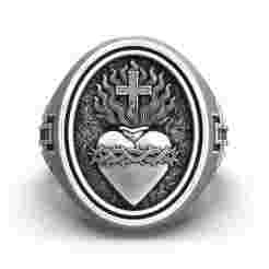 Jesus Sacred Heart Emblem Christian Symbol Cross Ring