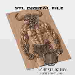 Minotaur – Mythical Beast Warrior Relief – 3D STL Model for CNC Carving, Digital Download