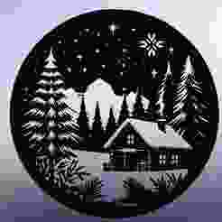 Snowy House with Trees and Mountains – Christmas Line Art