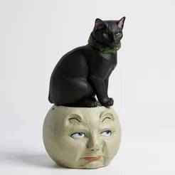 Vintage halloween moon face bucket lantern with black cat