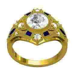 White Round and Blue Sapphire Baguette Art Deco Engagement Ring