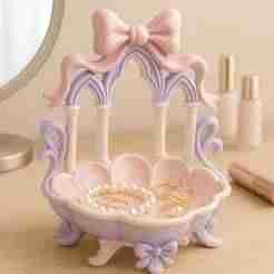 Coquette Ribbon Bow Jewelry Tray | Elegant Gothic Arch Trinket Dish with Pearl & Ring Holder