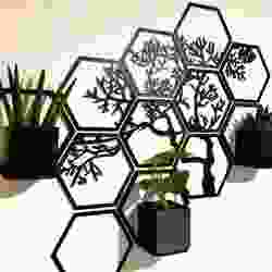 Hexagon tree wall art with planter pots and shelf