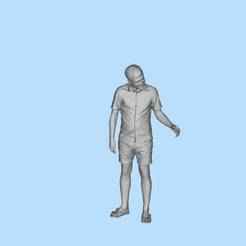 A man standing with his head tilted and his hand extended to communicate. character scene model
