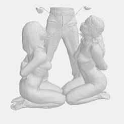 Leashed Submissive Duo Kneeling in Devotion: BDSM Domination Sculpture
