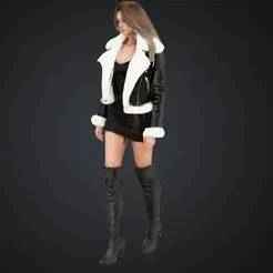 1:64 Diorama figure - Woman in leather jacket with fur & overknee boots