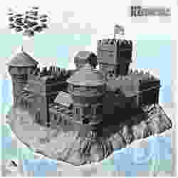 Large damaged castle with double towers and keep with flag (18) - Medieval Gothic Feudal Old Archaic Saga 28mm 15mm