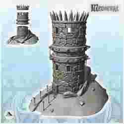 Stone tower bristling with logs with door and torchlight access path (12) - DnD Wargaming Medieval War of the Rose Saga