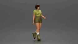 Woman in green outfit gliding smoothly on olive roller skates