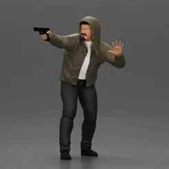 Man in hoodie pointing gun while raising hand in defensive gesture