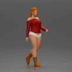 woman walking with purpose wearing red top white shorts brown boots