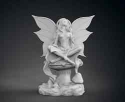 Mantar üzerinde oturan bir peri heykeli